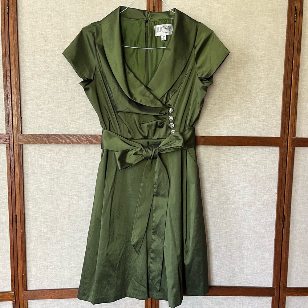 Julian Taylor New York Retro 50s Green Taffeta Dress Rhinestone Buttons - 10P